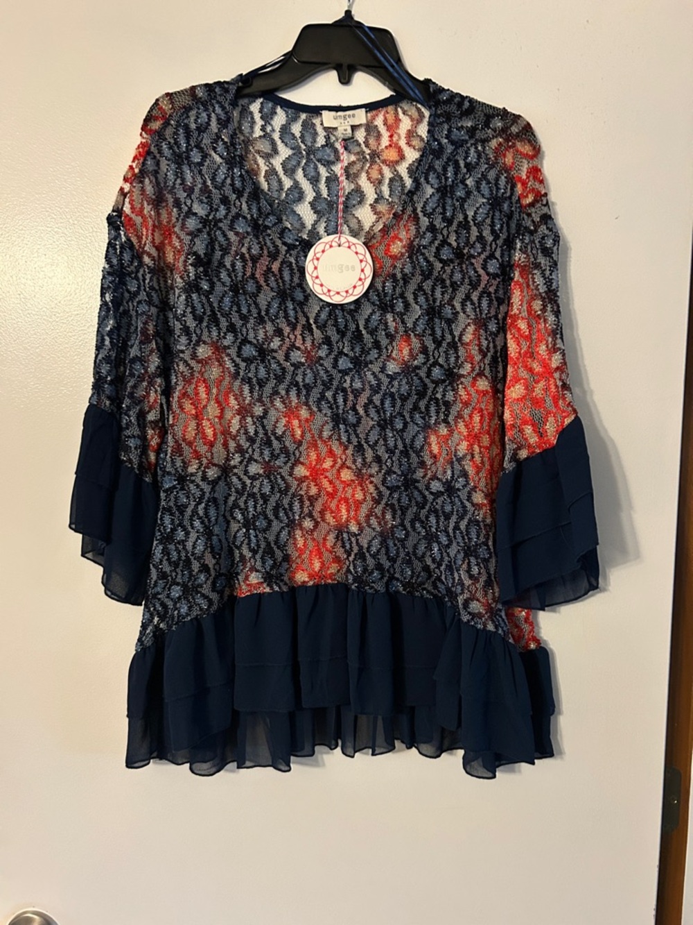 Umgee Navy Lace-Overlay Tunic with Red Accents